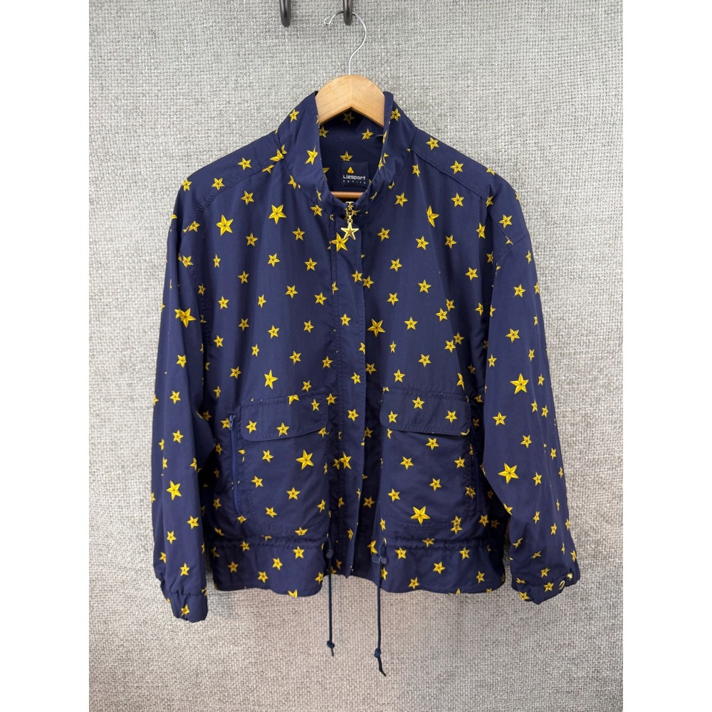 Lizsport Women's L Petite Y2K Navy Yellow Star Print Vintage Windbreaker‎ Jacket